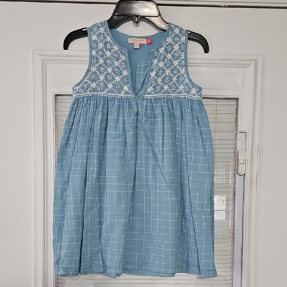 Pink Chicken Blue Sleeveless Embroidered Grid Dress
